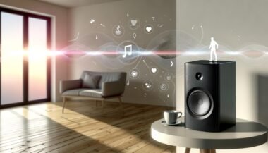 Modernes Wohnzimmer mit Sonos-Lautsprecher, grafischen Audio-Wellen und Kontextdaten wie Kaffeetasse, Uhr und Nutzer-Silhouette, was die Integration smarter Audio-Technologie im Alltag zeigt.