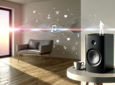 Modernes Wohnzimmer mit Sonos-Lautsprecher, grafischen Audio-Wellen und Kontextdaten wie Kaffeetasse, Uhr und Nutzer-Silhouette, was die Integration smarter Audio-Technologie im Alltag zeigt.
