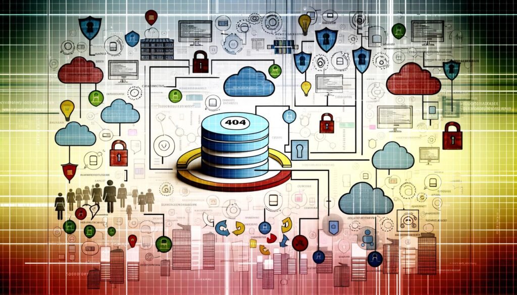 Collageartige Illustration einer digitalen Unternehmenslandschaft mit Daten-Blueprint, Diagrammen, Datenbanken, Cloud-Speicher- und Data-Governance-Icons, sowie verschiedenen Business-Silhouetten. Im Hintergrund dezent das Thema ‚404‘ und digitaler Wandel.