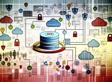 Collageartige Illustration einer digitalen Unternehmenslandschaft mit Daten-Blueprint, Diagrammen, Datenbanken, Cloud-Speicher- und Data-Governance-Icons, sowie verschiedenen Business-Silhouetten. Im Hintergrund dezent das Thema ‚404‘ und digitaler Wandel.