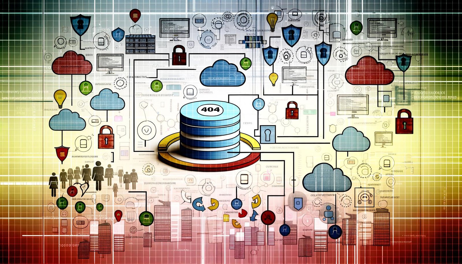 Collageartige Illustration einer digitalen Unternehmenslandschaft mit Daten-Blueprint, Diagrammen, Datenbanken, Cloud-Speicher- und Data-Governance-Icons, sowie verschiedenen Business-Silhouetten. Im Hintergrund dezent das Thema ‚404‘ und digitaler Wandel.