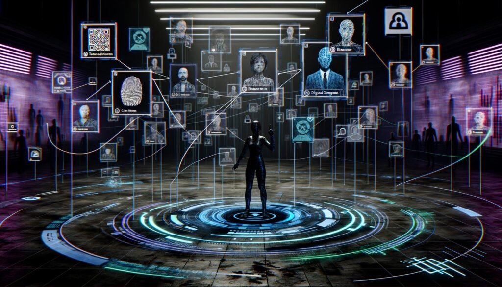 Futuristische Arena mit schwebenden Symbolen für digitale Identitäten, in der Mensch, Tech-Konzern und Regierung gegeneinander antreten. Digitale Datenströme, biometrische Scans und Netzwerkstrukturen betonen Themen wie Überwachung, Kontrolle und Machtkampf.