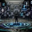 Futuristische Arena mit schwebenden Symbolen für digitale Identitäten, in der Mensch, Tech-Konzern und Regierung gegeneinander antreten. Digitale Datenströme, biometrische Scans und Netzwerkstrukturen betonen Themen wie Überwachung, Kontrolle und Machtkampf.