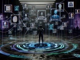 Futuristische Arena mit schwebenden Symbolen für digitale Identitäten, in der Mensch, Tech-Konzern und Regierung gegeneinander antreten. Digitale Datenströme, biometrische Scans und Netzwerkstrukturen betonen Themen wie Überwachung, Kontrolle und Machtkampf.