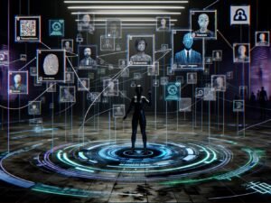 Futuristische Arena mit schwebenden Symbolen für digitale Identitäten, in der Mensch, Tech-Konzern und Regierung gegeneinander antreten. Digitale Datenströme, biometrische Scans und Netzwerkstrukturen betonen Themen wie Überwachung, Kontrolle und Machtkampf.
