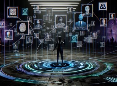 Futuristische Arena mit schwebenden Symbolen für digitale Identitäten, in der Mensch, Tech-Konzern und Regierung gegeneinander antreten. Digitale Datenströme, biometrische Scans und Netzwerkstrukturen betonen Themen wie Überwachung, Kontrolle und Machtkampf.