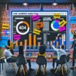 Eine Gruppe von Marketing-Fachleuten arbeitet in einem modernen Büro an einem großen, digitalen Dashboard mit farbigen Diagrammen und Marken-Kennzahlen.