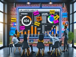 Eine Gruppe von Marketing-Fachleuten arbeitet in einem modernen Büro an einem großen, digitalen Dashboard mit farbigen Diagrammen und Marken-Kennzahlen.