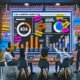 Eine Gruppe von Marketing-Fachleuten arbeitet in einem modernen Büro an einem großen, digitalen Dashboard mit farbigen Diagrammen und Marken-Kennzahlen.