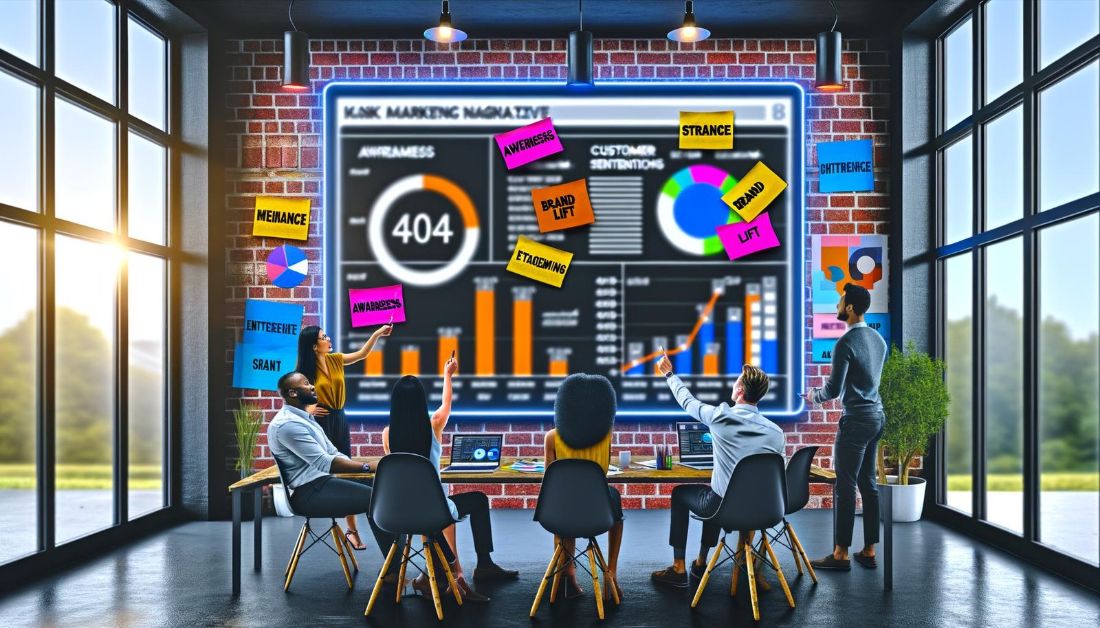Eine Gruppe von Marketing-Fachleuten arbeitet in einem modernen Büro an einem großen, digitalen Dashboard mit farbigen Diagrammen und Marken-Kennzahlen.