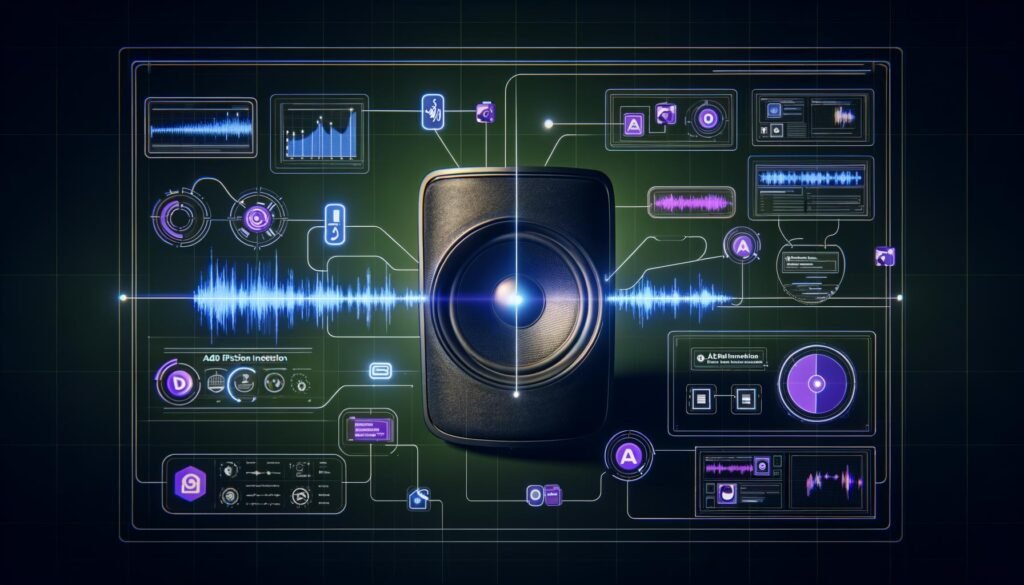 Cineastische Illustration eines Sonos Smart Speakers mit digitalen Audiowellen und schematischen Overlays für programmatische Audio-Werbung, VAST-Tags und Echtzeit-Analytics in einer modernen Backend-Umgebung auf dunklem Hintergrund.
