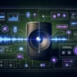 Cineastische Illustration eines Sonos Smart Speakers mit digitalen Audiowellen und schematischen Overlays für programmatische Audio-Werbung, VAST-Tags und Echtzeit-Analytics in einer modernen Backend-Umgebung auf dunklem Hintergrund.