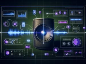 Cineastische Illustration eines Sonos Smart Speakers mit digitalen Audiowellen und schematischen Overlays für programmatische Audio-Werbung, VAST-Tags und Echtzeit-Analytics in einer modernen Backend-Umgebung auf dunklem Hintergrund.
