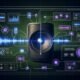 Cineastische Illustration eines Sonos Smart Speakers mit digitalen Audiowellen und schematischen Overlays für programmatische Audio-Werbung, VAST-Tags und Echtzeit-Analytics in einer modernen Backend-Umgebung auf dunklem Hintergrund.
