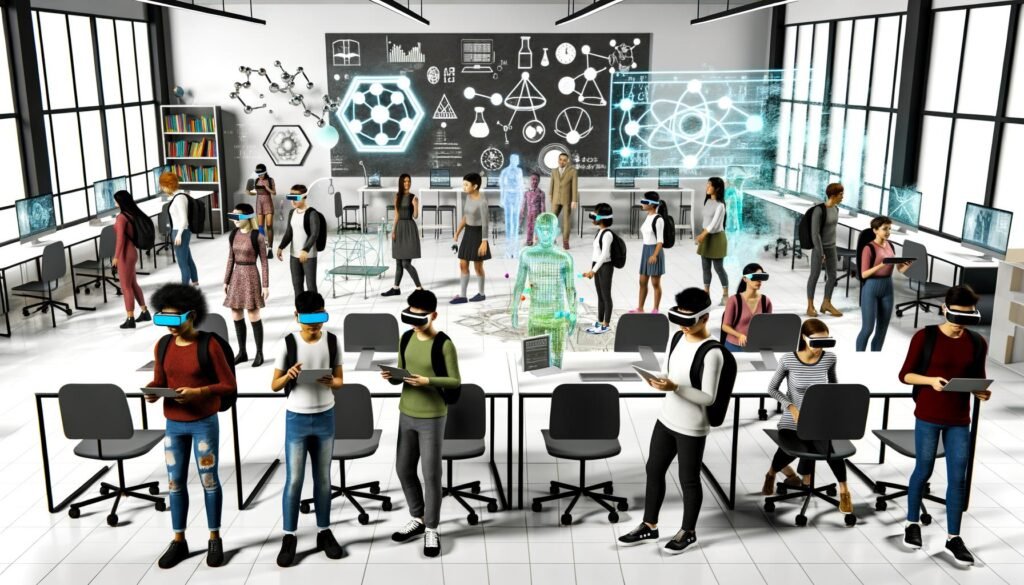 Futuristisches Klassenzimmer mit Schülern, die VR-Headsets und AR-Smartglasses tragen sowie Tablets nutzen. Holographische Lernmodelle und digitale Infografiken sind im Raum sichtbar, klassische Schuleinrichtung wirkt im Hintergrund überholt.