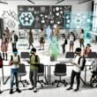 Futuristisches Klassenzimmer mit Schülern, die VR-Headsets und AR-Smartglasses tragen sowie Tablets nutzen. Holographische Lernmodelle und digitale Infografiken sind im Raum sichtbar, klassische Schuleinrichtung wirkt im Hintergrund überholt.