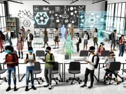 Futuristisches Klassenzimmer mit Schülern, die VR-Headsets und AR-Smartglasses tragen sowie Tablets nutzen. Holographische Lernmodelle und digitale Infografiken sind im Raum sichtbar, klassische Schuleinrichtung wirkt im Hintergrund überholt.