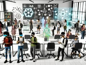 Futuristisches Klassenzimmer mit Schülern, die VR-Headsets und AR-Smartglasses tragen sowie Tablets nutzen. Holographische Lernmodelle und digitale Infografiken sind im Raum sichtbar, klassische Schuleinrichtung wirkt im Hintergrund überholt.
