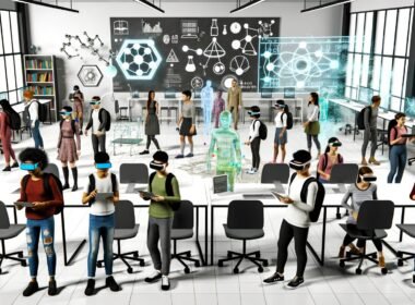 Futuristisches Klassenzimmer mit Schülern, die VR-Headsets und AR-Smartglasses tragen sowie Tablets nutzen. Holographische Lernmodelle und digitale Infografiken sind im Raum sichtbar, klassische Schuleinrichtung wirkt im Hintergrund überholt.
