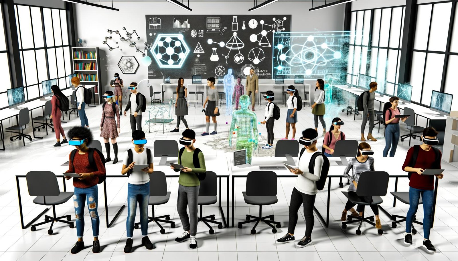 Futuristisches Klassenzimmer mit Schülern, die VR-Headsets und AR-Smartglasses tragen sowie Tablets nutzen. Holographische Lernmodelle und digitale Infografiken sind im Raum sichtbar, klassische Schuleinrichtung wirkt im Hintergrund überholt.