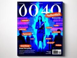 Magazincover mit modernem „Brand Storytelling“-Schriftzug, zerissenem Papiereffekt sowie einer Person, die Marketing-Floskeln durchstreicht und relevante Daten sowie SEO-Charts hervorhebt.