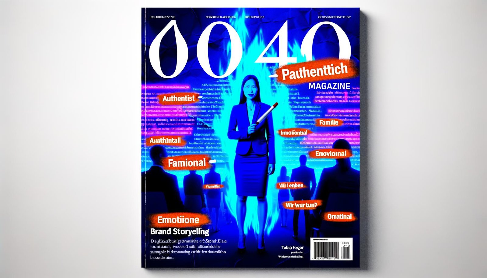Magazincover mit modernem „Brand Storytelling“-Schriftzug, zerissenem Papiereffekt sowie einer Person, die Marketing-Floskeln durchstreicht und relevante Daten sowie SEO-Charts hervorhebt.