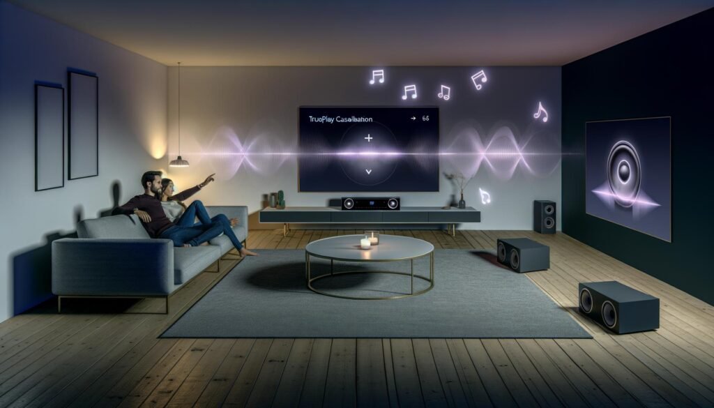 Modernes Wohnzimmer mit Sonos Surround-System, unsichtbaren Klangwellen und Smart-Home-Steuerung auf Smartphone. Ein Paar sitzt entspannt in einem eleganten, einladenden Ambiente.