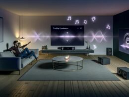 Modernes Wohnzimmer mit Sonos Surround-System, unsichtbaren Klangwellen und Smart-Home-Steuerung auf Smartphone. Ein Paar sitzt entspannt in einem eleganten, einladenden Ambiente.