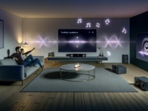 Modernes Wohnzimmer mit Sonos Surround-System, unsichtbaren Klangwellen und Smart-Home-Steuerung auf Smartphone. Ein Paar sitzt entspannt in einem eleganten, einladenden Ambiente.