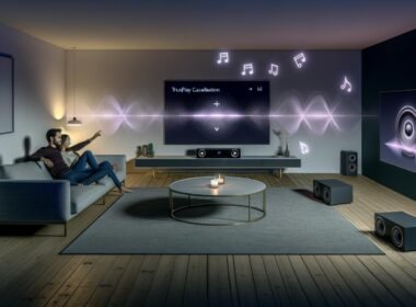 Modernes Wohnzimmer mit Sonos Surround-System, unsichtbaren Klangwellen und Smart-Home-Steuerung auf Smartphone. Ein Paar sitzt entspannt in einem eleganten, einladenden Ambiente.