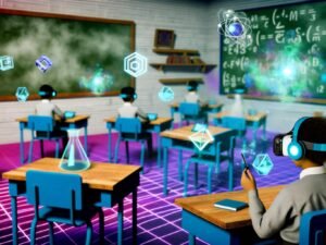 Schüler mit VR-Headsets und Haptik-Handschuhen lernen in einem futuristischen Klassenzimmer mit schwebenden digitalen Lernobjekten, während traditionelle Tafeln in den Hintergrund geraten.