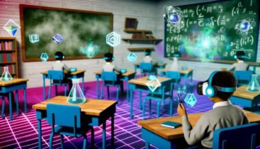 Schüler mit VR-Headsets und Haptik-Handschuhen lernen in einem futuristischen Klassenzimmer mit schwebenden digitalen Lernobjekten, während traditionelle Tafeln in den Hintergrund geraten.