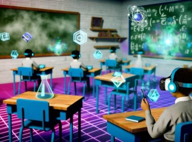 Schüler mit VR-Headsets und Haptik-Handschuhen lernen in einem futuristischen Klassenzimmer mit schwebenden digitalen Lernobjekten, während traditionelle Tafeln in den Hintergrund geraten.