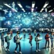 Jugendliche mit diversem Hintergrund lernen in einer leuchtenden, futuristischen Umgebung mithilfe von schwebenden Hologrammen, AR-Tablets und VR-Brillen, umgeben von digitalen Netzwerken statt klassischen Klassenzimmern.