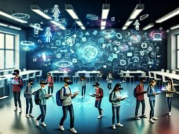 Jugendliche mit diversem Hintergrund lernen in einer leuchtenden, futuristischen Umgebung mithilfe von schwebenden Hologrammen, AR-Tablets und VR-Brillen, umgeben von digitalen Netzwerken statt klassischen Klassenzimmern.