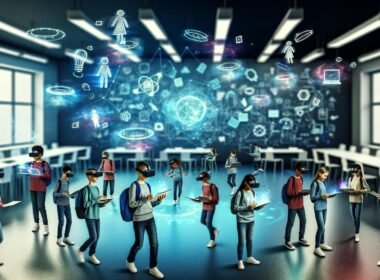 Jugendliche mit diversem Hintergrund lernen in einer leuchtenden, futuristischen Umgebung mithilfe von schwebenden Hologrammen, AR-Tablets und VR-Brillen, umgeben von digitalen Netzwerken statt klassischen Klassenzimmern.