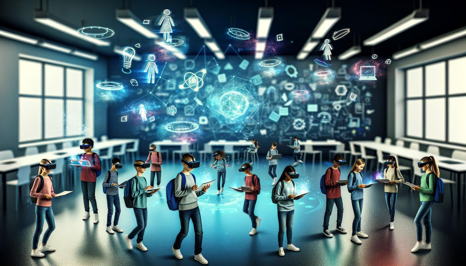 Jugendliche mit diversem Hintergrund lernen in einer leuchtenden, futuristischen Umgebung mithilfe von schwebenden Hologrammen, AR-Tablets und VR-Brillen, umgeben von digitalen Netzwerken statt klassischen Klassenzimmern.