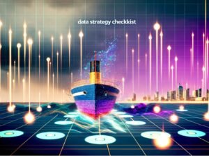 Modernes Titelbild mit abstrahiertem Schiffsdeck aus Datenpunkten und digitalen Zahlen auf einem digitalen Datenmeer, im Hintergrund Silhouetten von Wolkenkratzern und leuchtenden Dashboards, über allem der Titel 'Datenstrategie Checkliste'.