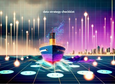 Modernes Titelbild mit abstrahiertem Schiffsdeck aus Datenpunkten und digitalen Zahlen auf einem digitalen Datenmeer, im Hintergrund Silhouetten von Wolkenkratzern und leuchtenden Dashboards, über allem der Titel 'Datenstrategie Checkliste'.