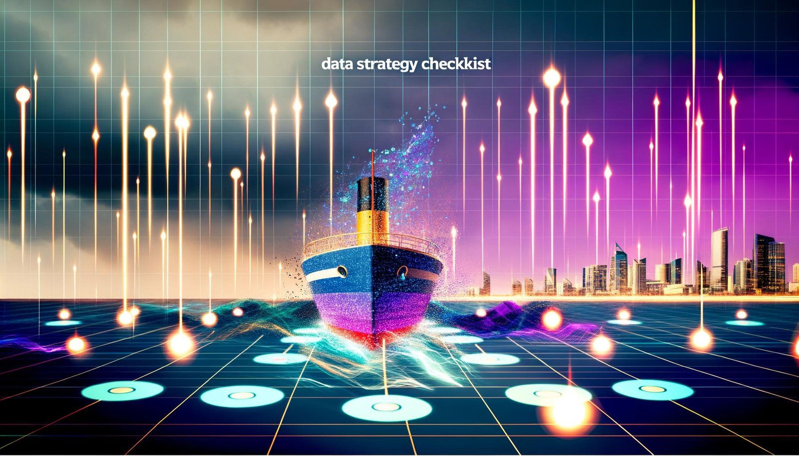 Modernes Titelbild mit abstrahiertem Schiffsdeck aus Datenpunkten und digitalen Zahlen auf einem digitalen Datenmeer, im Hintergrund Silhouetten von Wolkenkratzern und leuchtenden Dashboards, über allem der Titel 'Datenstrategie Checkliste'.