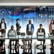 Dynamisches Marketing- und IT-Team im modernen Büro analysiert Daten auf Dashboards und Geräten mit visualisierten Datenströmen im Hintergrund.
