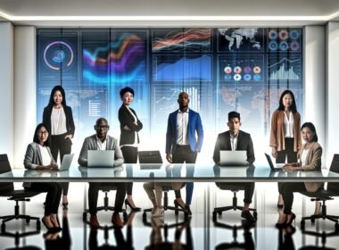 Dynamisches Marketing- und IT-Team im modernen Büro analysiert Daten auf Dashboards und Geräten mit visualisierten Datenströmen im Hintergrund.