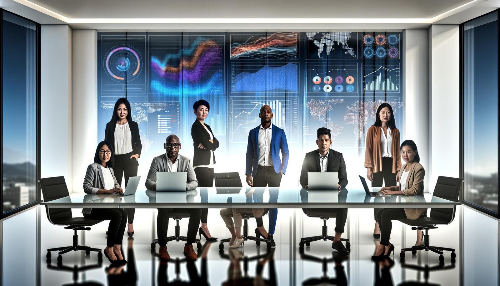 Dynamisches Marketing- und IT-Team im modernen Büro analysiert Daten auf Dashboards und Geräten mit visualisierten Datenströmen im Hintergrund.