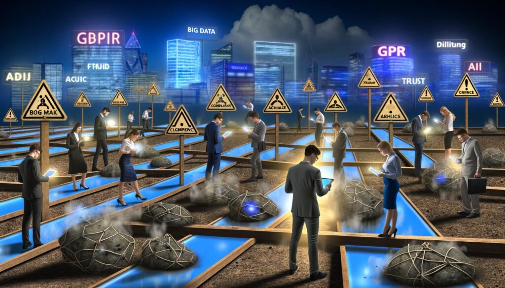 Marketer in moderner Businesskleidung bewegen sich vorsichtig über gläserne Stege mit Datenströmen darunter. Warnschilder mit Ethik, Compliance und Vertrauen deuten auf Risiken im digitalen Marketing hin. Im Hintergrund leuchten Büros und Datenzentren mit Begriffen wie Big Data, KI und DSGVO.