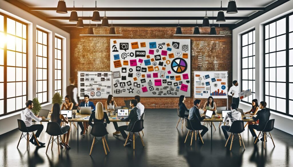 Kreatives Redaktionsteam im Loft-Stil brainstormt vor Moodboard, Markenwerten und Datencharts, Whiteboards mit Storytelling-Plänen im Hintergrund.