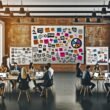 Kreatives Redaktionsteam im Loft-Stil brainstormt vor Moodboard, Markenwerten und Datencharts, Whiteboards mit Storytelling-Plänen im Hintergrund.