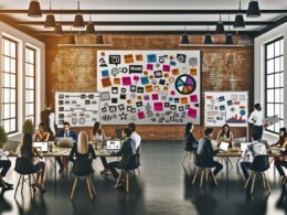 Kreatives Redaktionsteam im Loft-Stil brainstormt vor Moodboard, Markenwerten und Datencharts, Whiteboards mit Storytelling-Plänen im Hintergrund.
