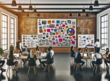 Kreatives Redaktionsteam im Loft-Stil brainstormt vor Moodboard, Markenwerten und Datencharts, Whiteboards mit Storytelling-Plänen im Hintergrund.