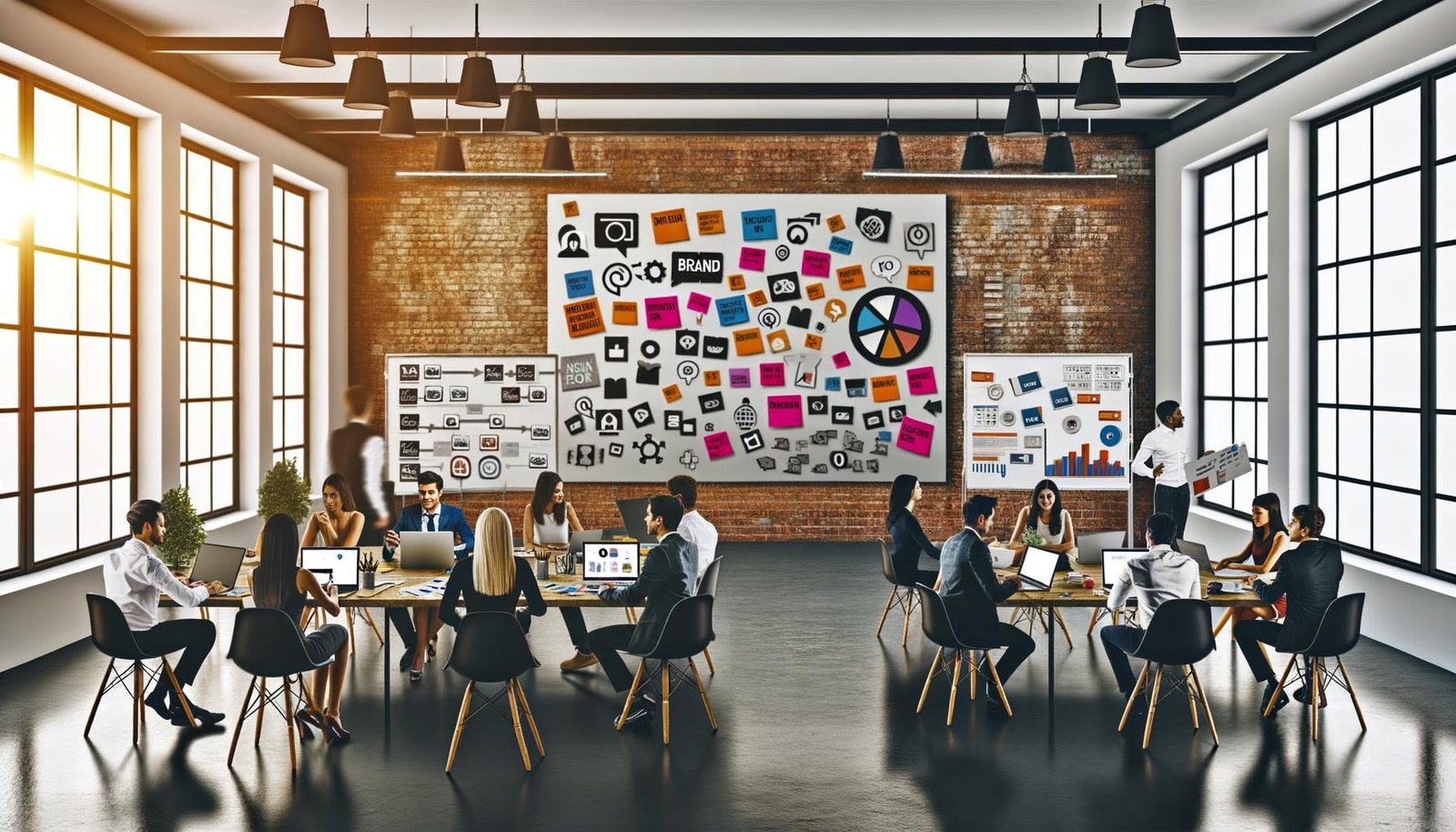 Kreatives Redaktionsteam im Loft-Stil brainstormt vor Moodboard, Markenwerten und Datencharts, Whiteboards mit Storytelling-Plänen im Hintergrund.