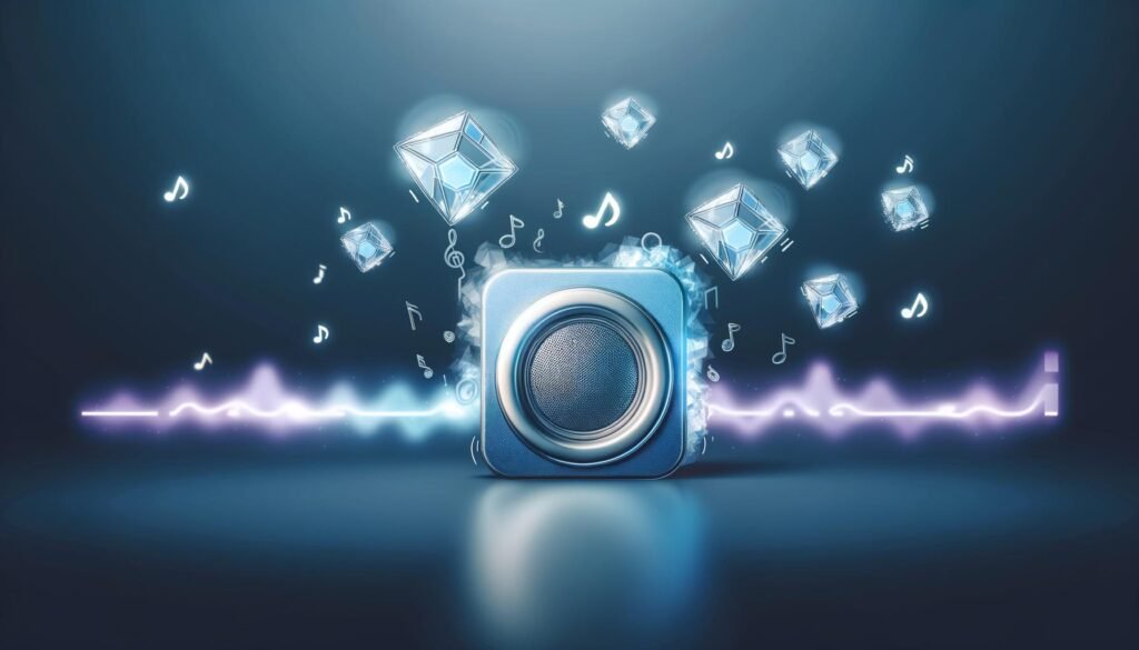 Modernes Headerbild mit stilisiertem Sonos-Lautsprecher, pulsierenden Audio-Wellen, transparenten NFT-Musiknoten und dezenten Krypto-Symbolen im Hintergrund.